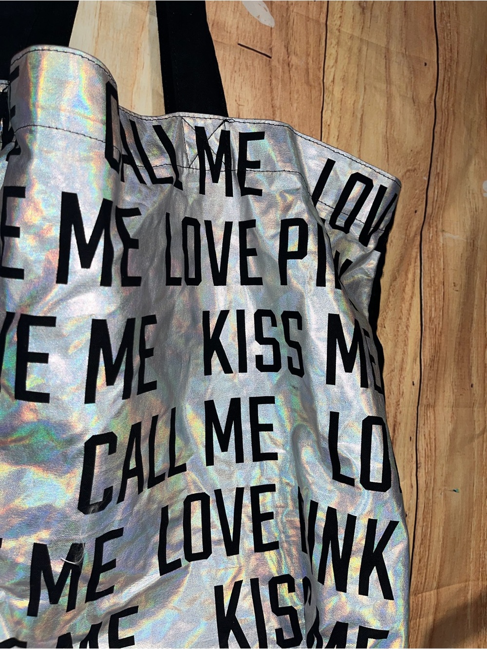 Victorias Secret Pink Holographic Kiss Me Love Me Beach Tote Book Bag - Picture 3 of 6